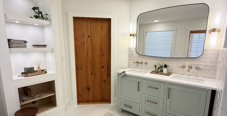 Master bathroom remodel with sage double vanity and walk-in shower