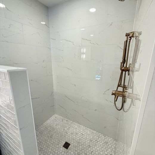 Walk-in shower with brass fixtures and hex tile floor