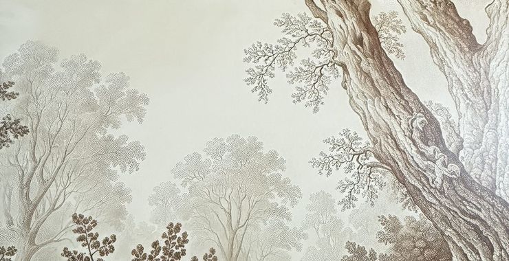 Detail of sepia tree mural wallpaper, hung by hand